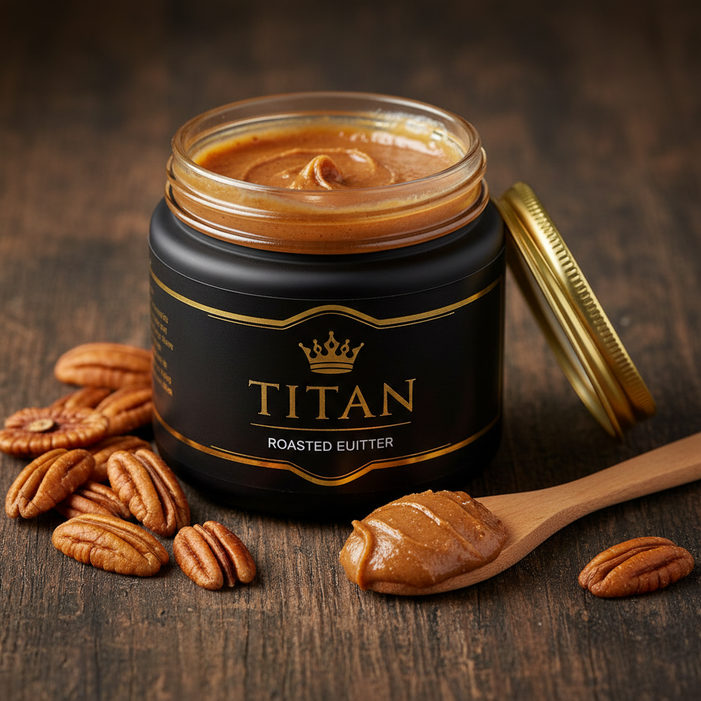 TITAN Pecan Butter Roasted Crown Edition — premium wide-mouth black glass jar product shot
