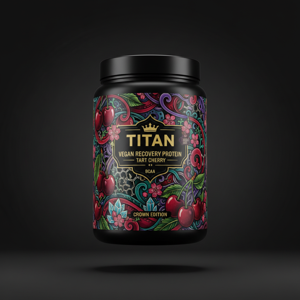 TITAN Vegan Recovery Protein — Tart Cherry, Crown Edition tattoo-style artwork