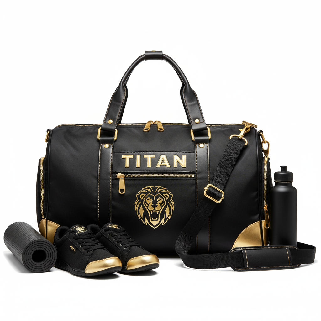 TITAN Premium Gym Duffel Bag - Black & Gold 50L Athletic Bag