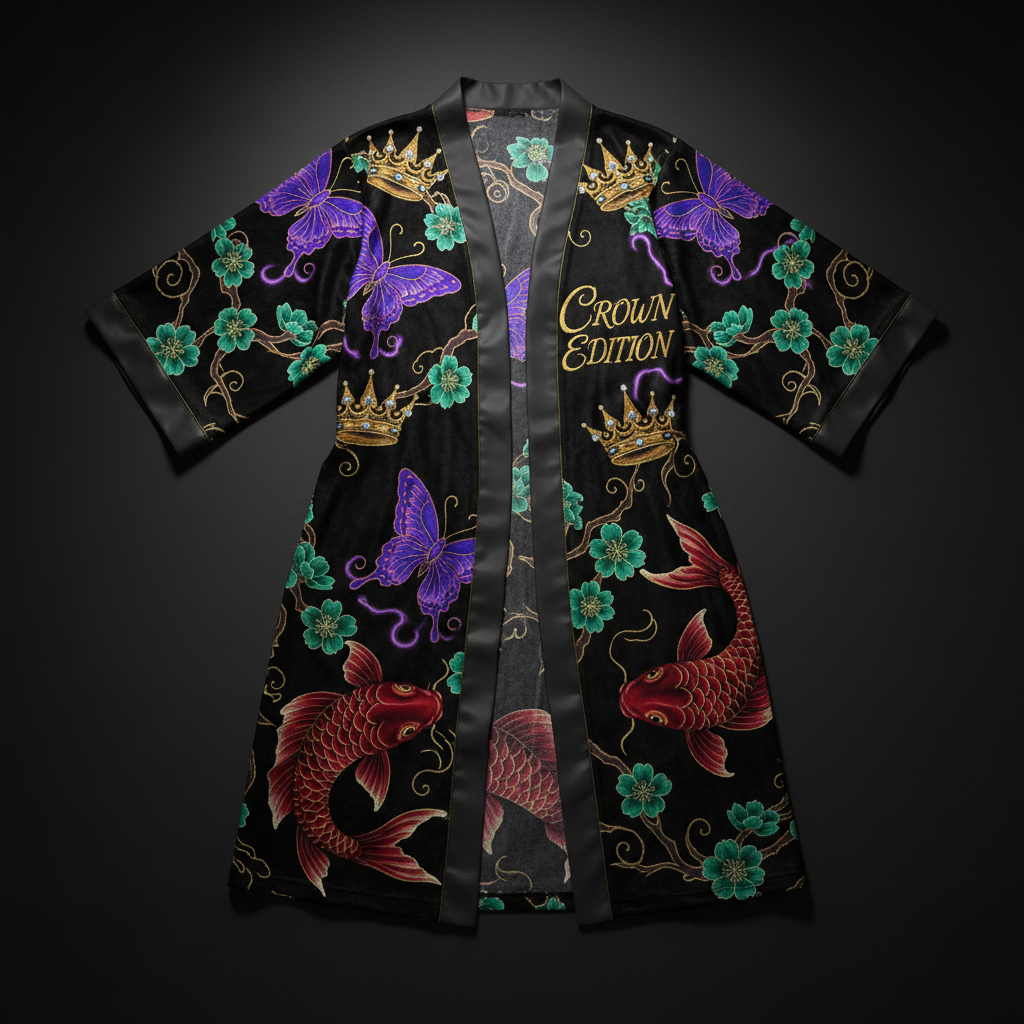 TITAN Crown Edition Tattoo Art Women's Lounge Robe - bold butterfly blossom tattoo artwork on matte black velour