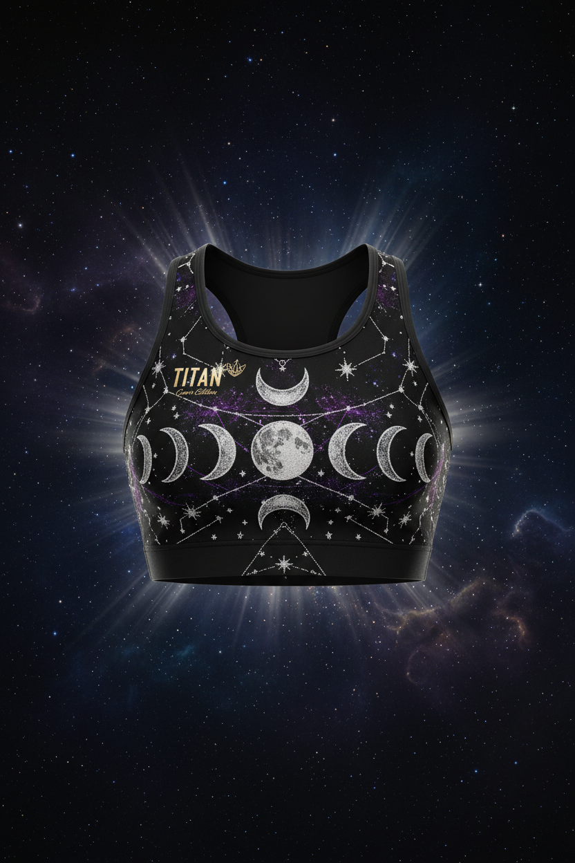 TITAN Elite Crop Top All Black — Crown Edition celestial moon constellation tattoo floating shot