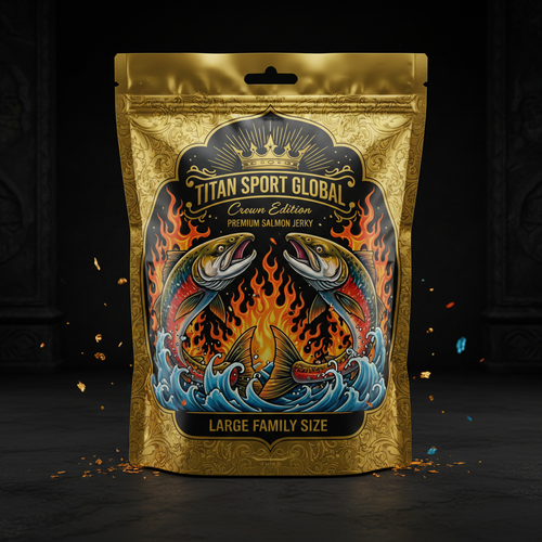 TITAN Crown Edition Wild Salmon Jerky Mango Habanero Blaze 8oz family size bag with bold tattoo artwork
