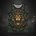 TITAN Men's Tank Top Black with lion, crown and tribal tattoo-style Crown Edition artwork in gold, crimson and blue on matte black breathable fabric