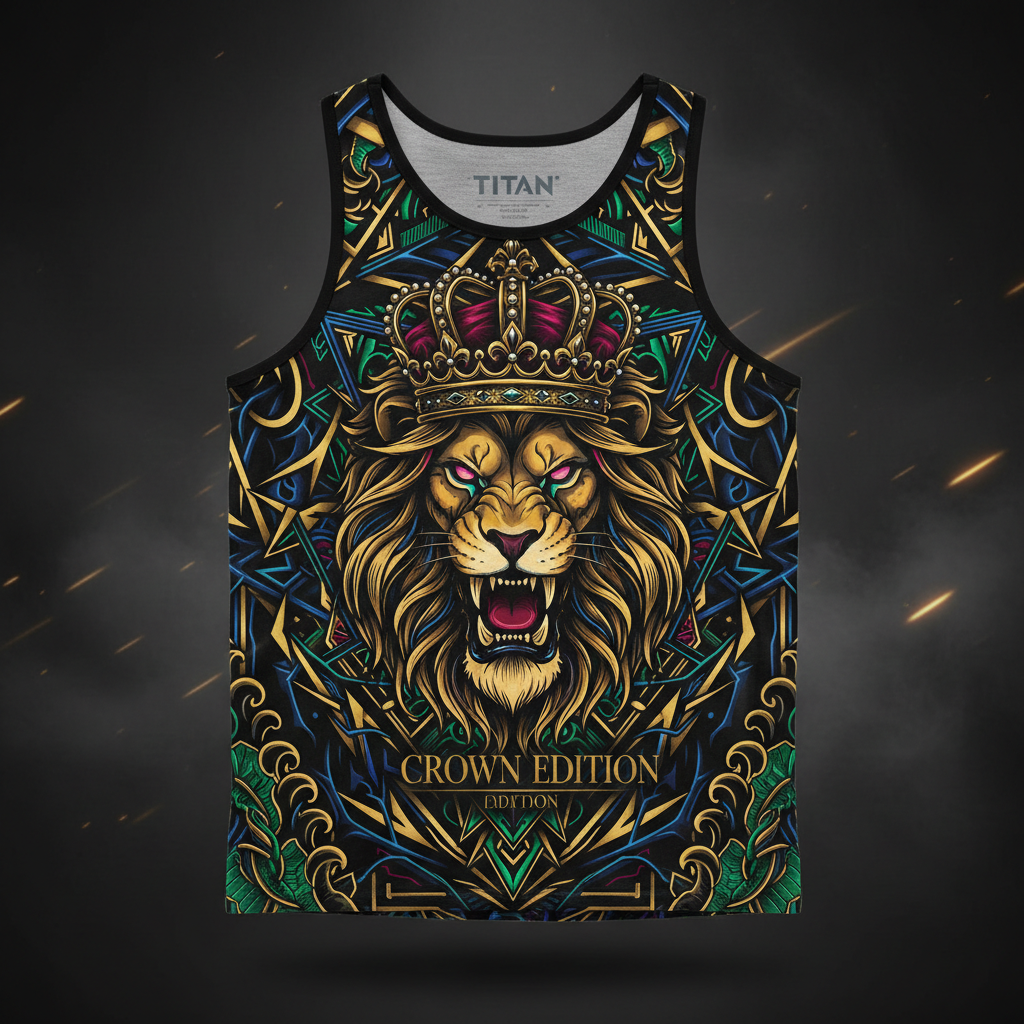 TITAN Men's Tank Top Black with lion, crown and tribal tattoo-style Crown Edition artwork in gold, crimson and blue on matte black breathable fabric