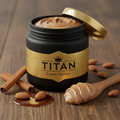 TITAN Almond Butter Cinnamon Maple Crown Edition — premium wide-mouth black glass jar product shot