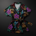 TITAN Crown Edition Tattoo Art Women's Lounge Wrap Top - bold colorful tattoo artwork on matte black fabric