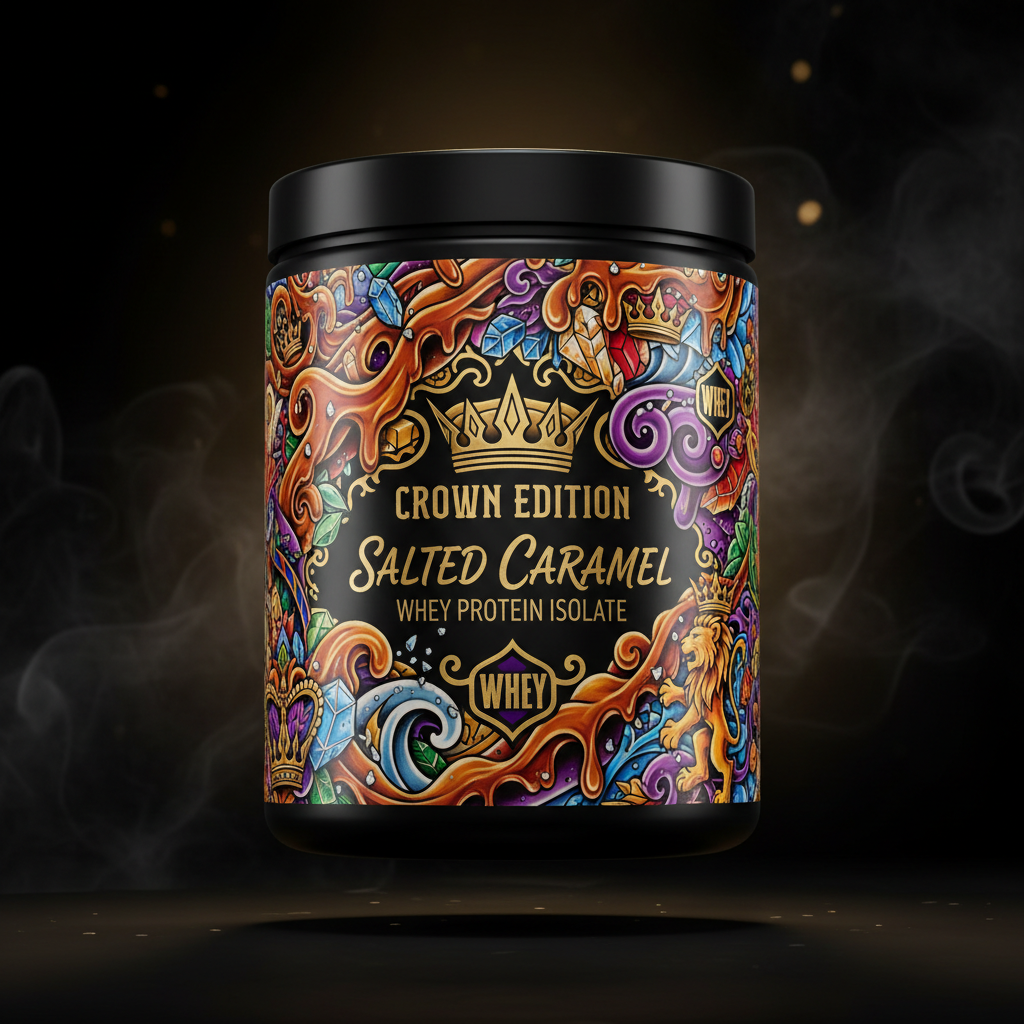 TITAN Whey Protein Isolate Salted Caramel — Crown Edition bold tattoo-style artwork
