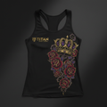 TITAN Women's Performance Racerback Tank in matte black with gold logo and tattoo-style crown and rose artwork in crimson and purple