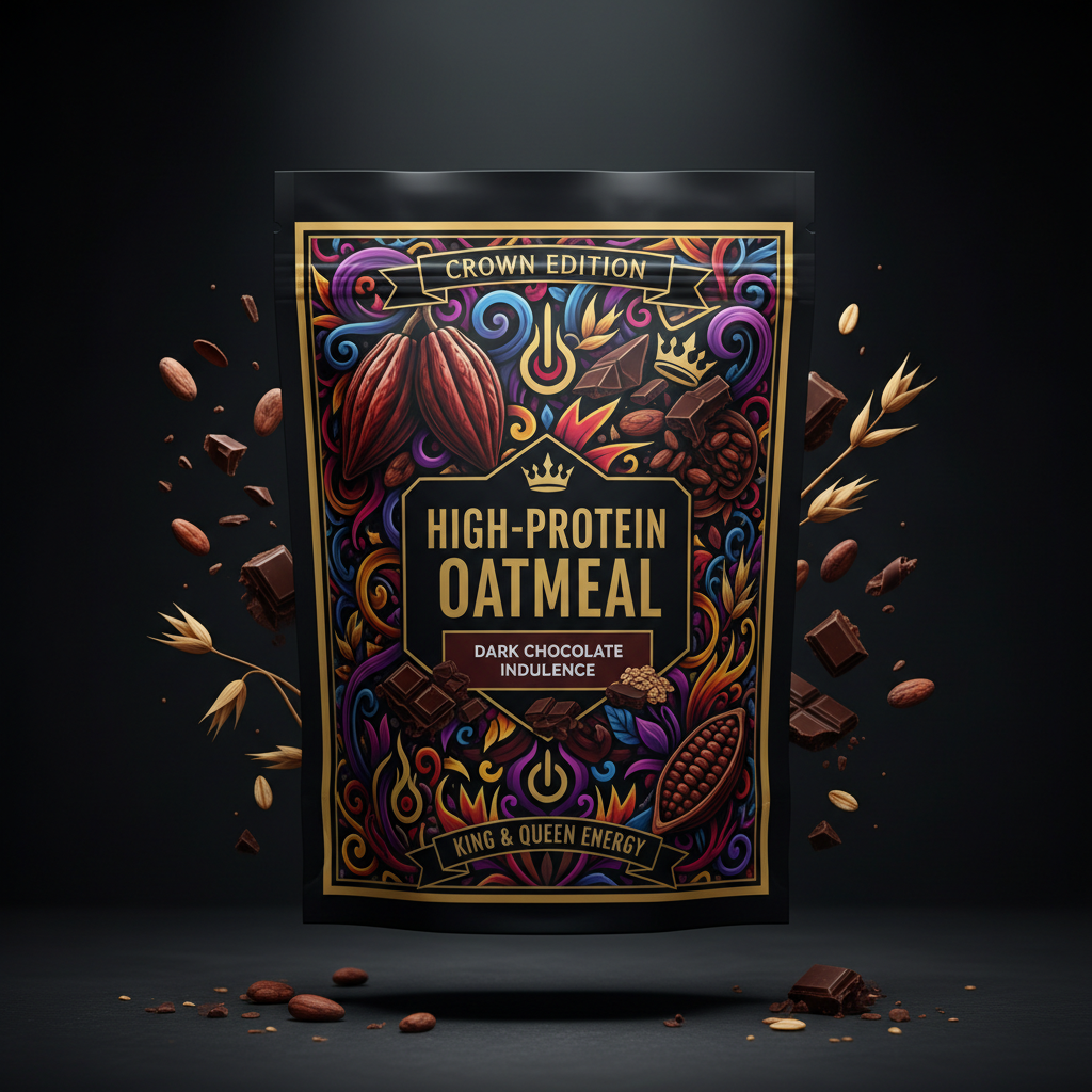 TITAN High-Protein Oatmeal Dark Chocolate — Crown Edition bold tattoo-style artwork