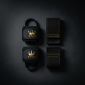 TITAN Wrist Wraps & Lifting Straps Set — Matte black with gold crown stitching flat lay