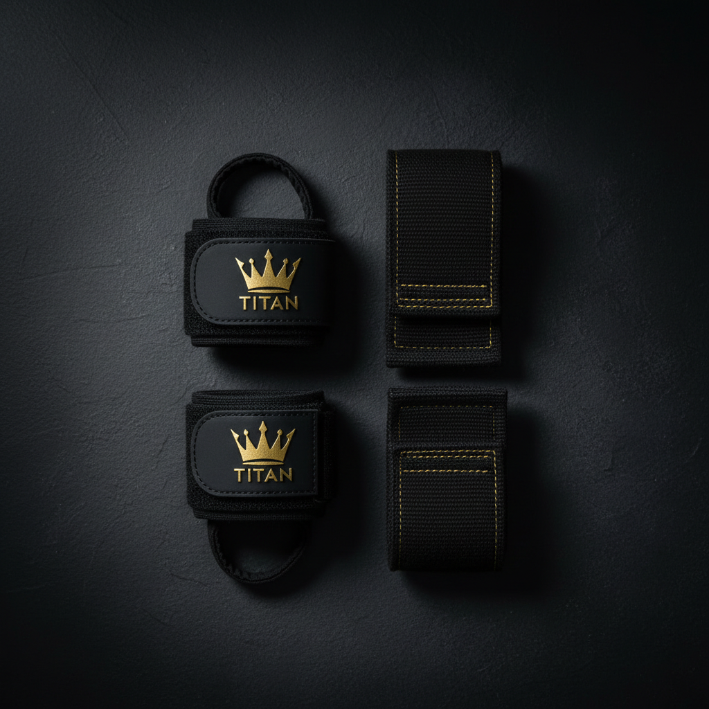 TITAN Wrist Wraps & Lifting Straps Set — Matte black with gold crown stitching flat lay