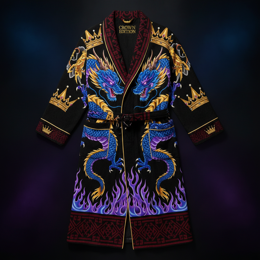 TITAN Crown Edition Tattoo Art Men's Lounge Robe - bold imperial dragon tattoo artwork on matte black terry fabric