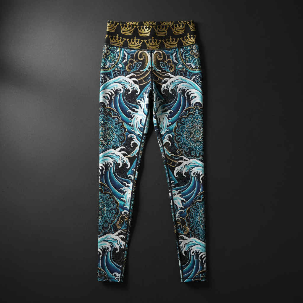 TITAN Crown Edition Women's High-Waist Leggings — Ocean Wave & Mandala tattoo artwork on matte black fabric