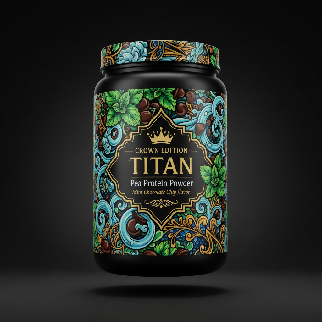 TITAN Pea Protein Powder — Mint Chocolate Chip, Crown Edition tattoo-style artwork