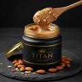 TITAN Almond Butter Crunchy Crown Edition — premium wide-mouth black glass jar product shot