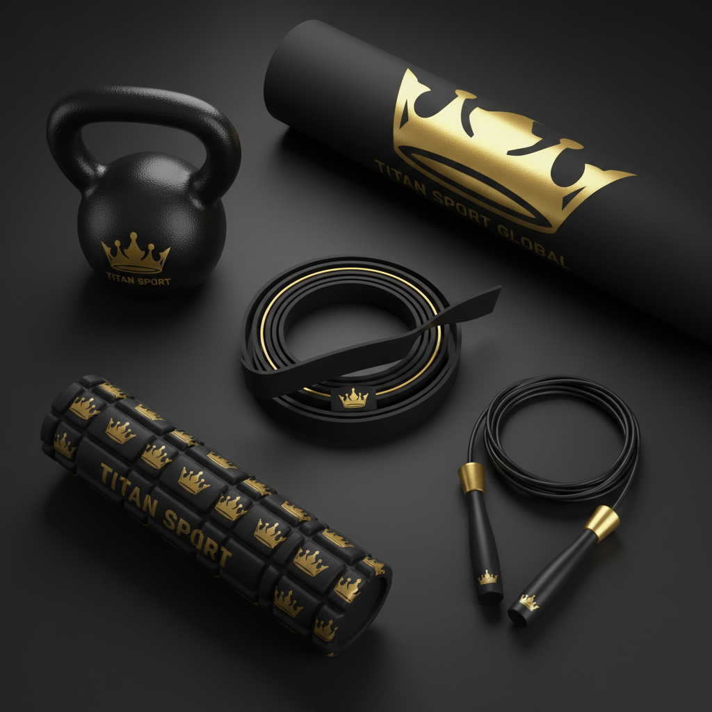 TITAN Home Gym Starter Kit — Resistance Bands, Kettlebell, Foam Roller, Jump Rope & Training Mat flat lay