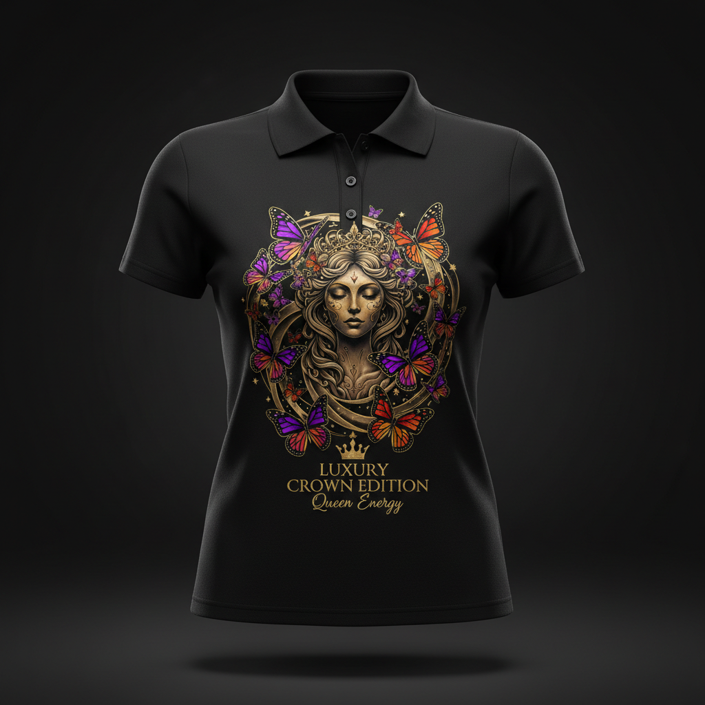 TITAN Women's Butterfly Goddess Polo Shirt Crown Edition — bold tattoo-style butterfly goddess artwork