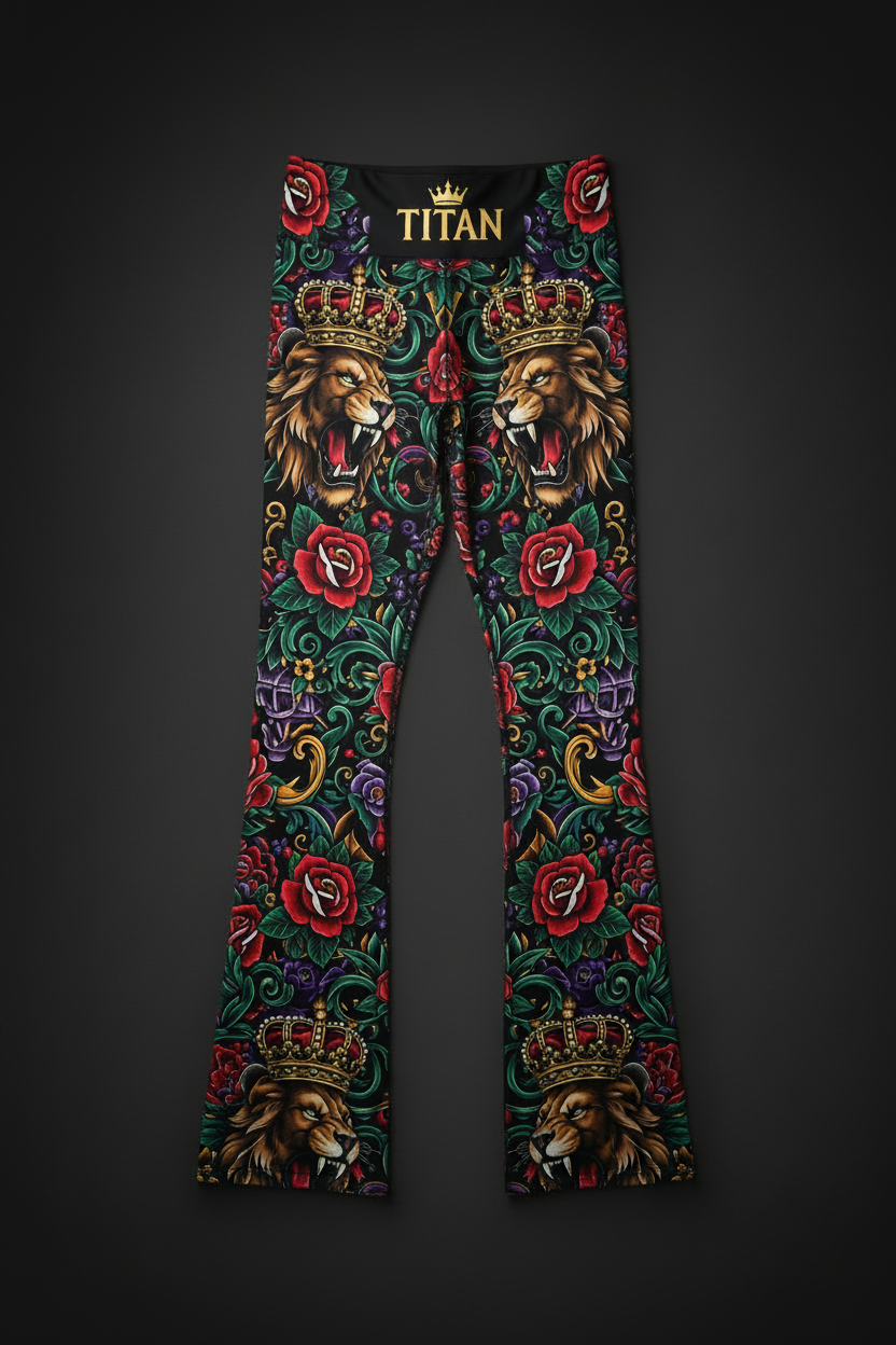 TITAN Flare Leggings Crown Edition - lion tattoo art with gold TITAN logo, skinny leg