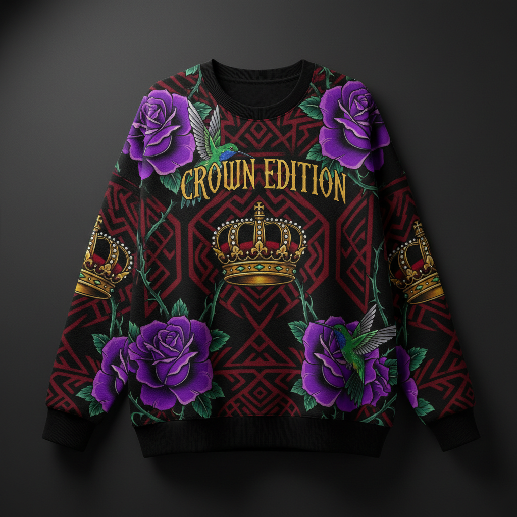 TITAN Crown Edition Tattoo Art Women's Lounge Crewneck - bold rose hummingbird tattoo artwork on matte black heavyweight fleece