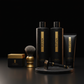 TITAN men's grooming set in matte black and gold, featuring bottles, a tube, a shaving brush, and a classic razor.