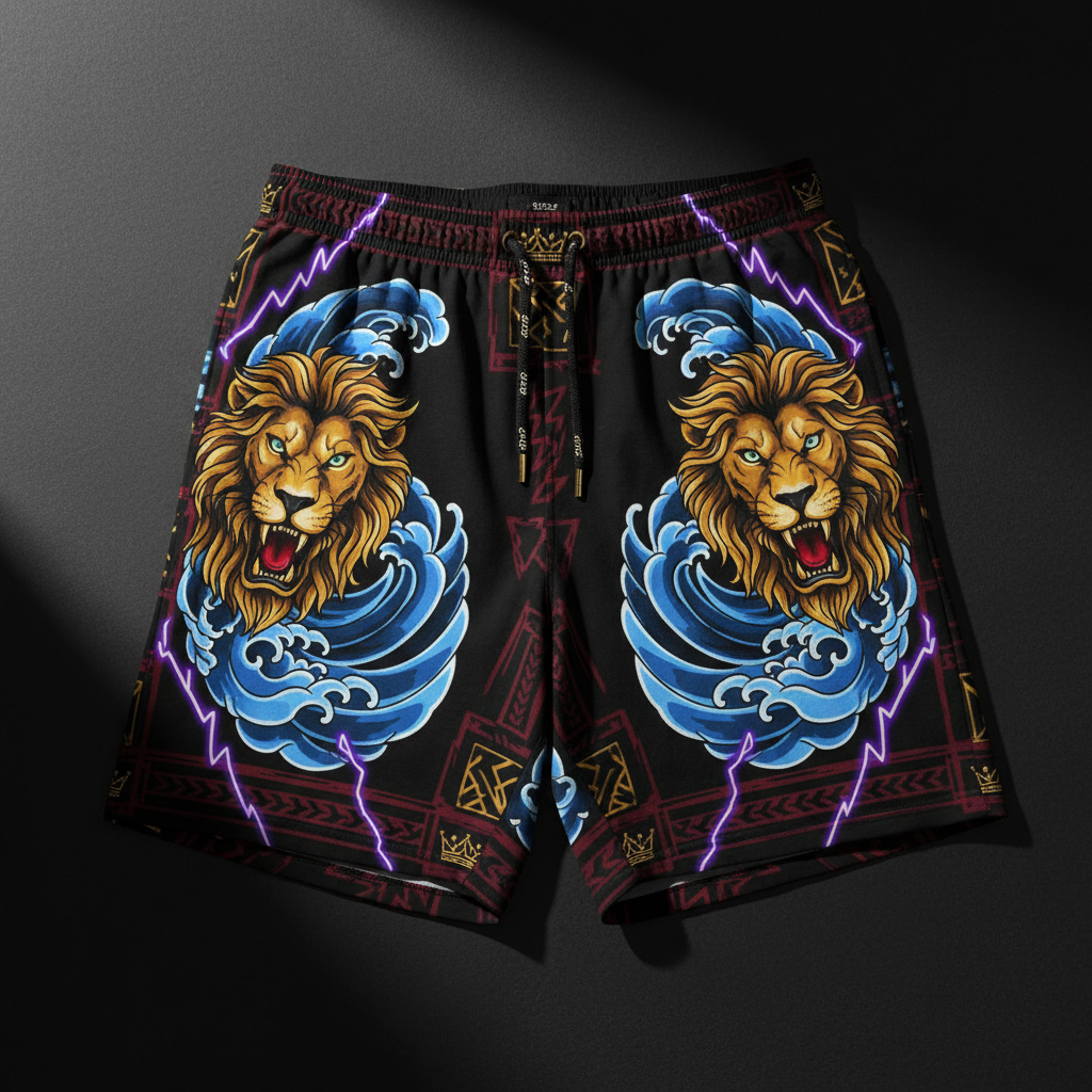 TITAN Crown Edition Tattoo Art Men's Lounge Shorts - bold colorful tattoo artwork on matte black fabric