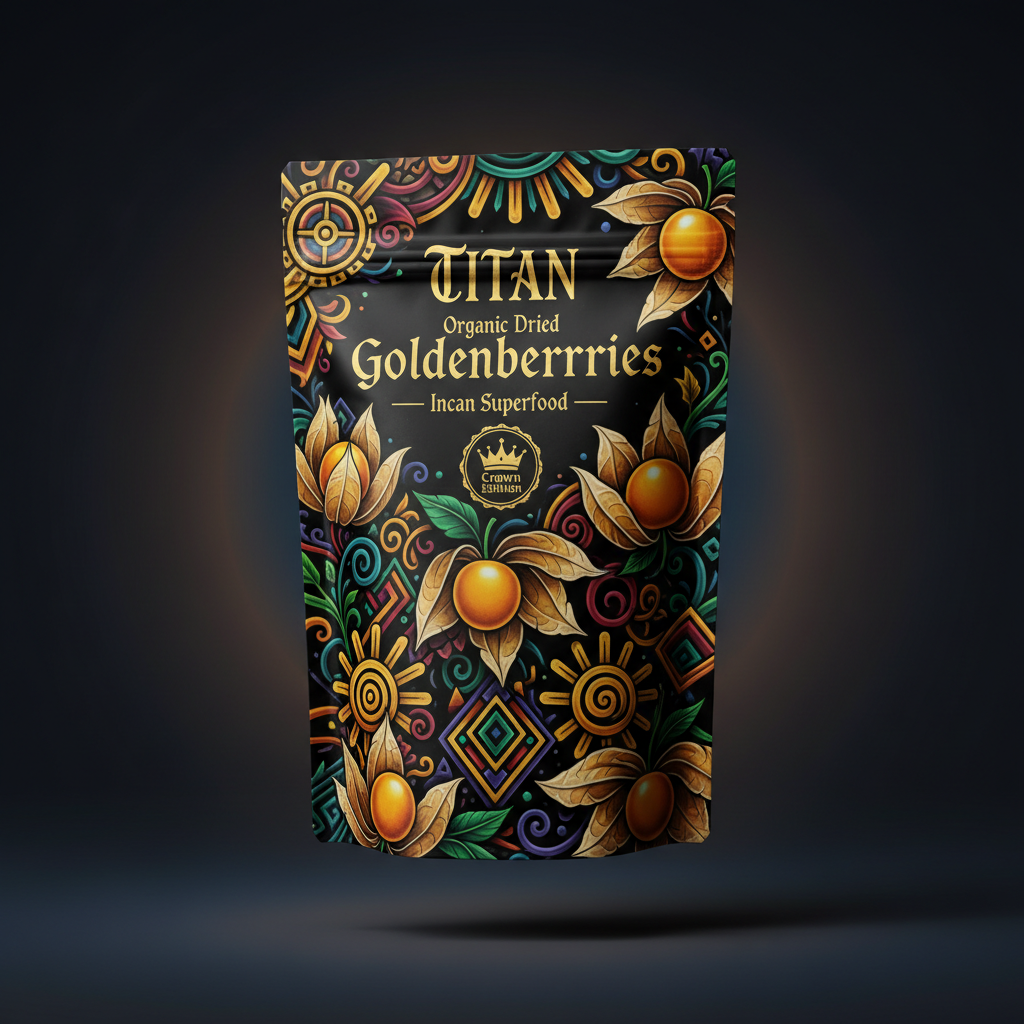 TITAN Organic Dried Goldenberries — Incan Superfood, Crown Edition tattoo-style artwork