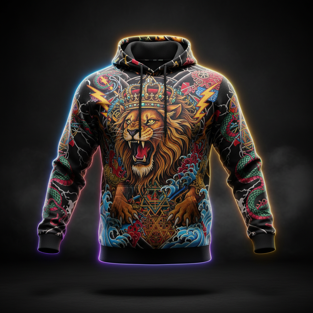 TITAN Men's Long Sleeve Hoodie Tee - Crown Edition legendary tattoo-style artwork
