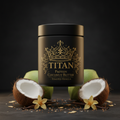 TITAN Protein Coconut Butter – Toasted Vanilla, matte black jar with gold crown tattoo artwork, coconut halves, vanilla pods and toasted coconut flakes