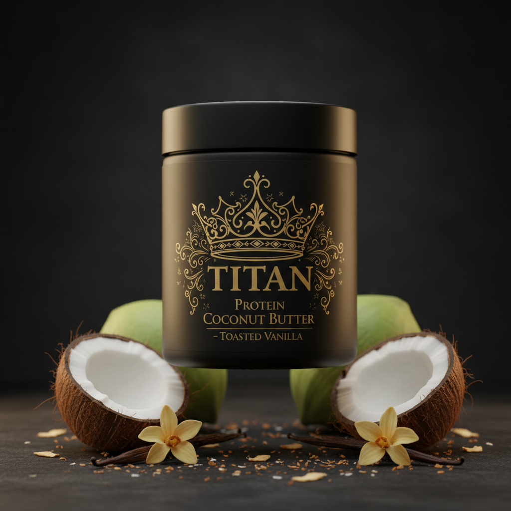 TITAN Protein Coconut Butter – Toasted Vanilla, matte black jar with gold crown tattoo artwork, coconut halves, vanilla pods and toasted coconut flakes