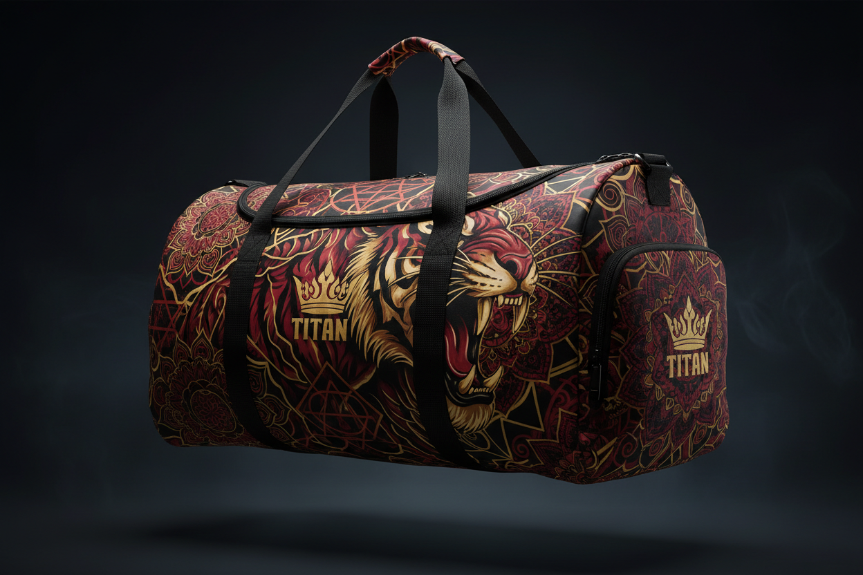 TITAN Printed Duffle Bag — Tiger and mandala tattoo-style artwork in deep crimson and gold with TITAN crown logo