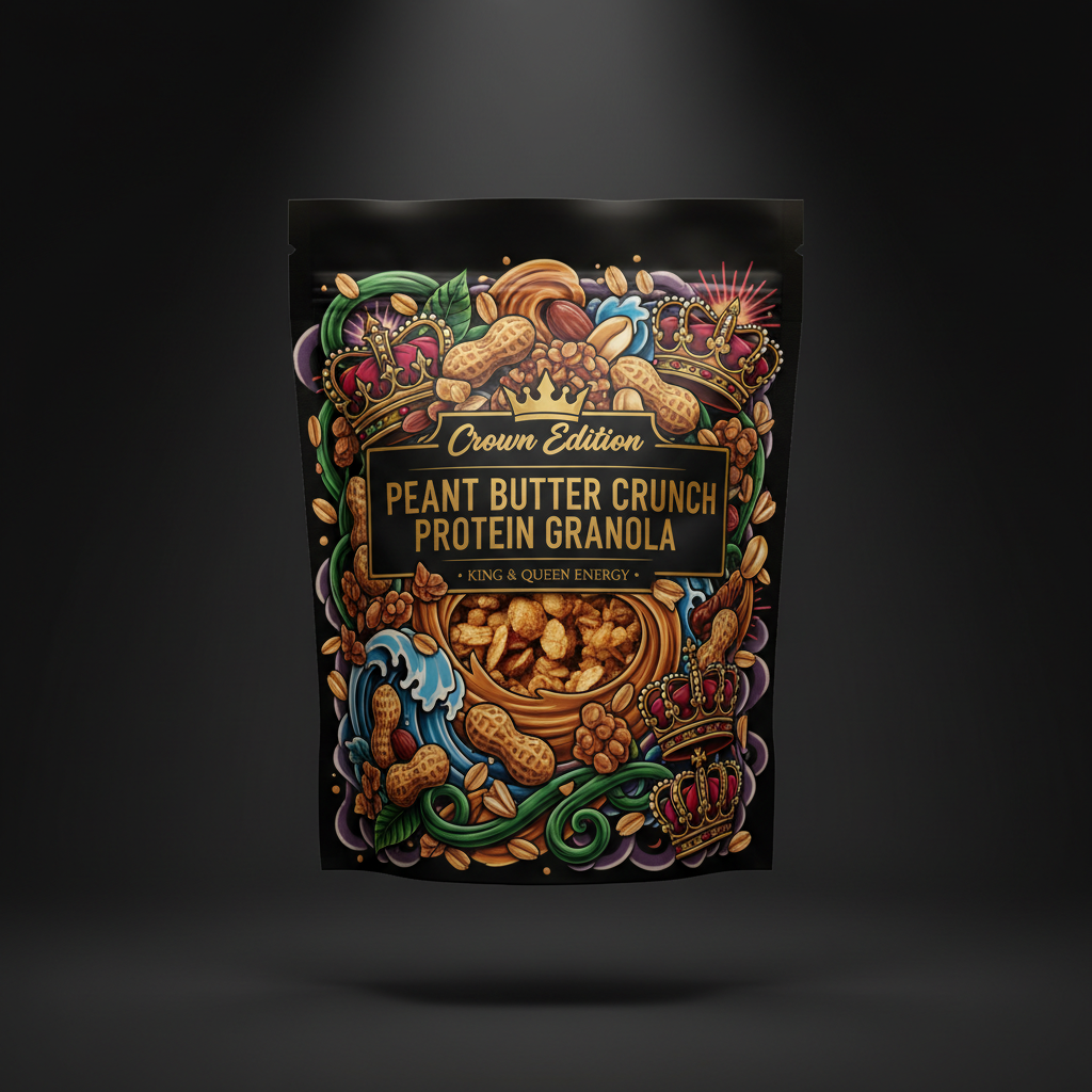 TITAN Protein Granola Peanut Butter Crunch — Crown Edition bold tattoo-style artwork