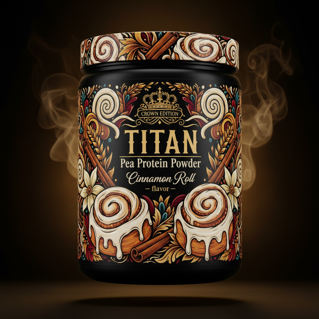 TITAN Pea Protein Powder — Cinnamon Roll, Crown Edition tattoo-style artwork