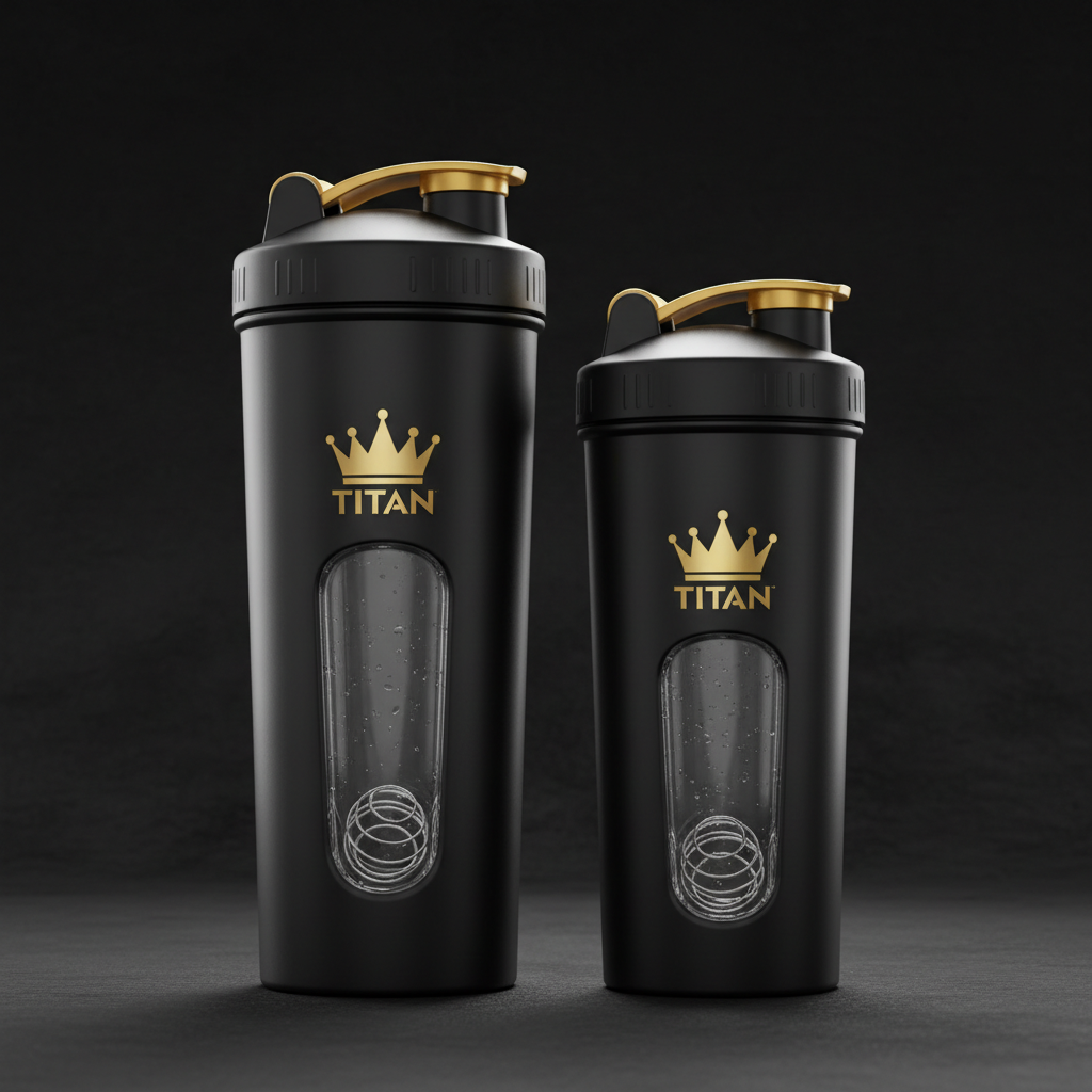 TITAN Blender Bottle Pro Series — Matte black with gold crown logo, 28oz and 45oz sizes