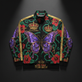 TITAN Crown Edition Tattoo Art Women's Lounge Track Jacket - bold colorful tattoo artwork on matte black fabric with gold stripe