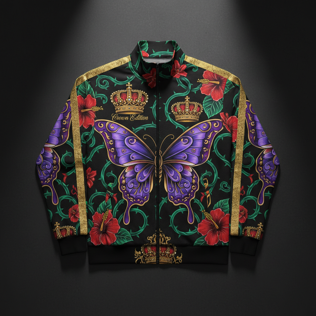 TITAN Crown Edition Tattoo Art Women's Lounge Track Jacket - bold colorful tattoo artwork on matte black fabric with gold stripe
