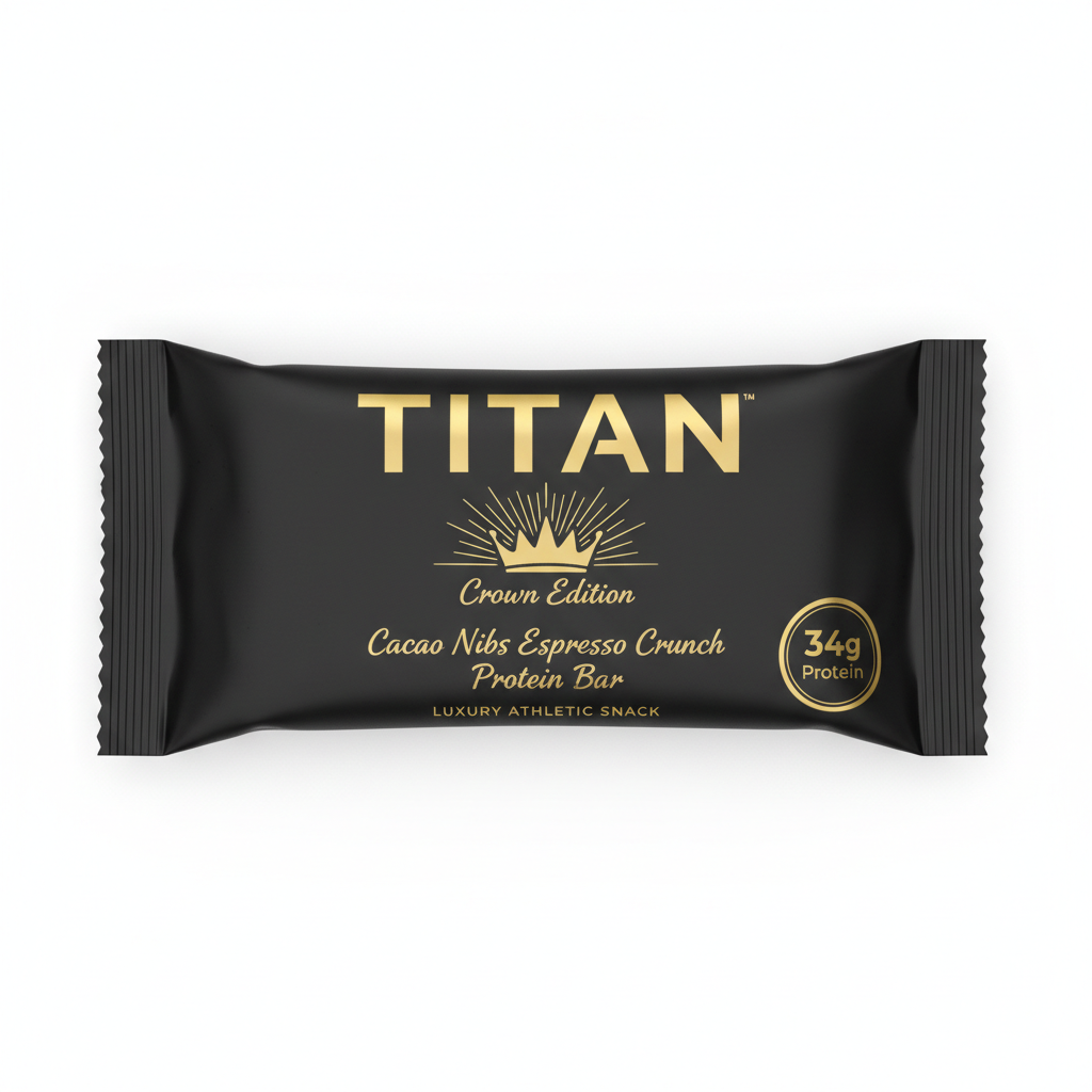 TITAN Cacao Nibs Espresso Crunch Protein Bar Crown Edition packaging