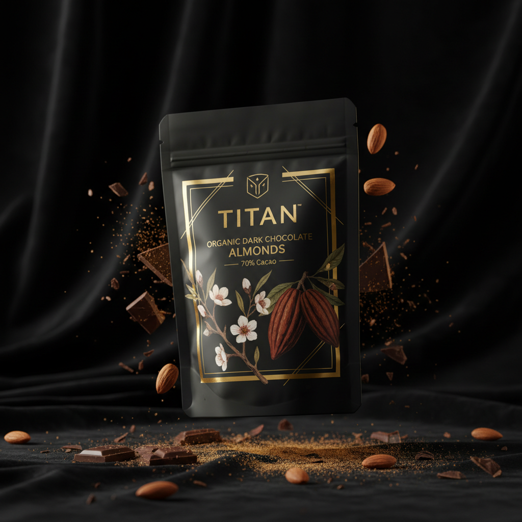TITAN Organic Dark Chocolate Almonds 70% Cacao — ultra-premium luxury editorial product shot