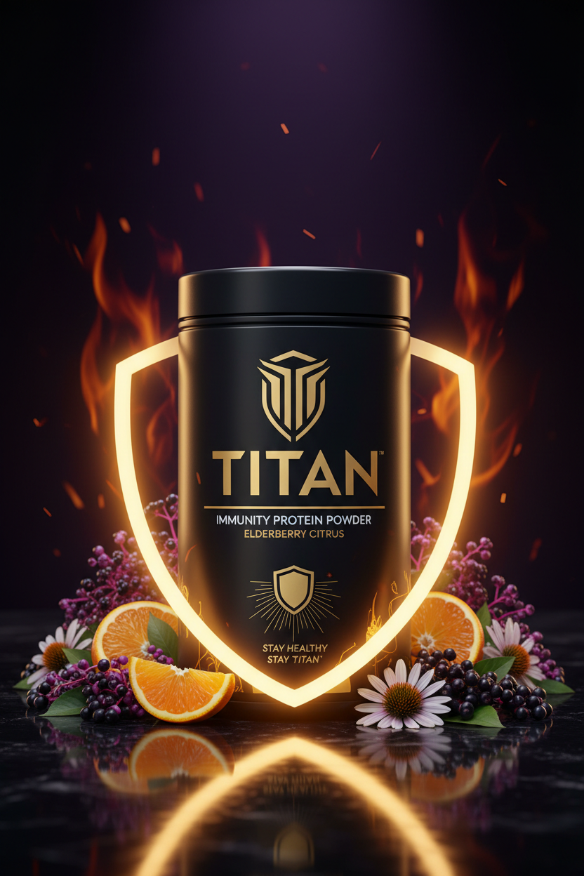 TITAN Immunity Protein Powder Elderberry Citrus — bold immune defense canister with elderberry clusters, citrus slices, echinacea flowers and golden shield glow