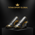 TITAN SPORT GLOBAL branded soccer shin guards on dark background with gold accents