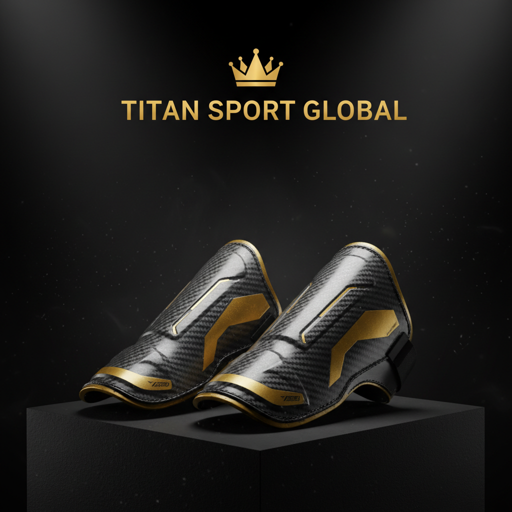 TITAN SPORT GLOBAL branded soccer shin guards on dark background with gold accents