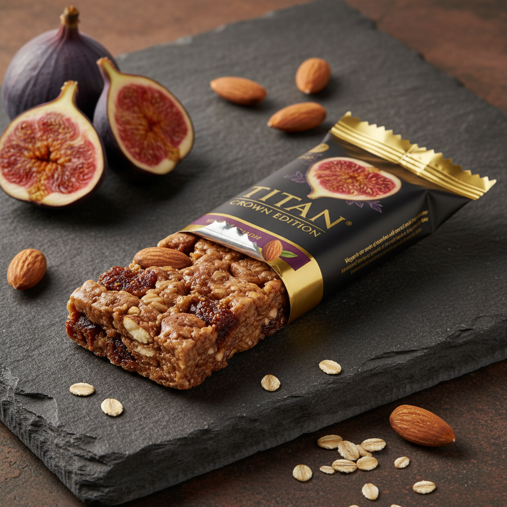 TITAN Fig & Almond Whole Grain Bar Crown Edition — real figs & almonds high fiber vegan product shot