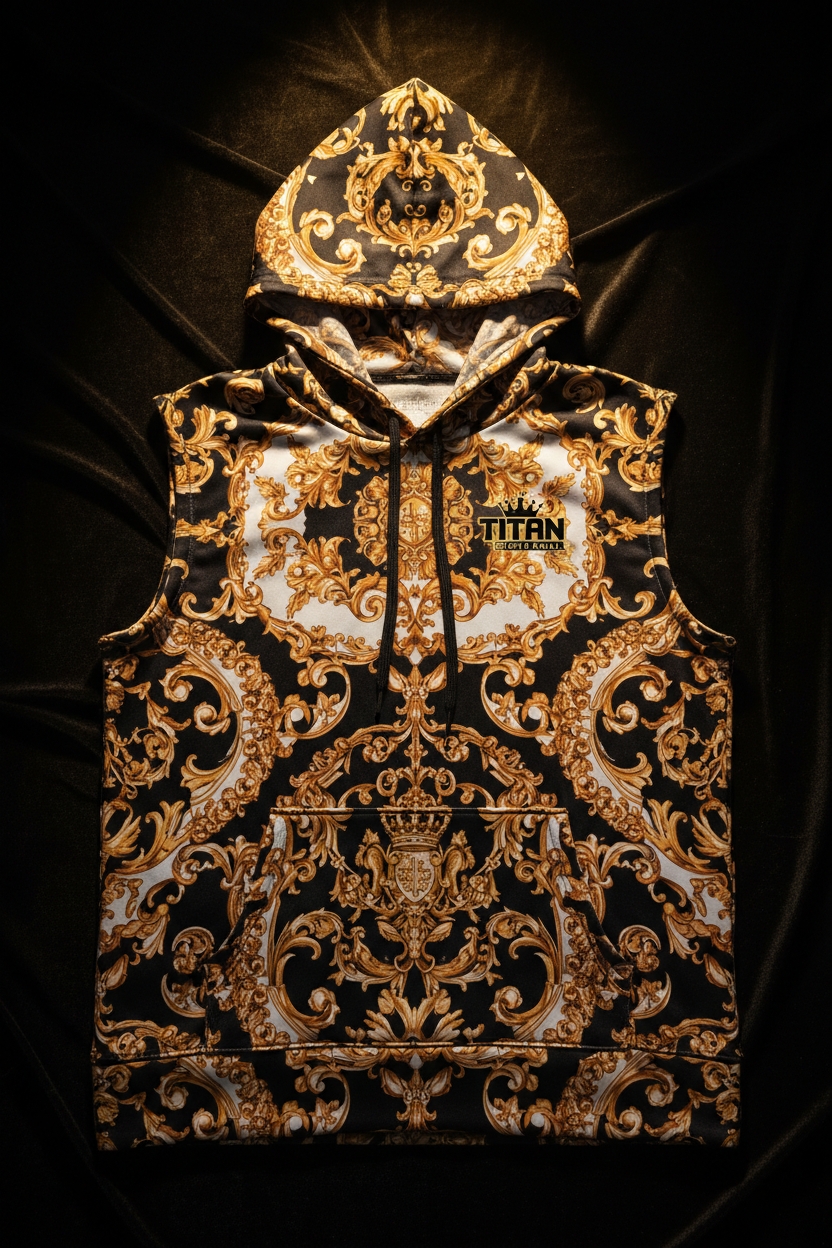 TITAN Men's Sleeveless Training Hoodie — Gold Filigree Ornate Luxury Design