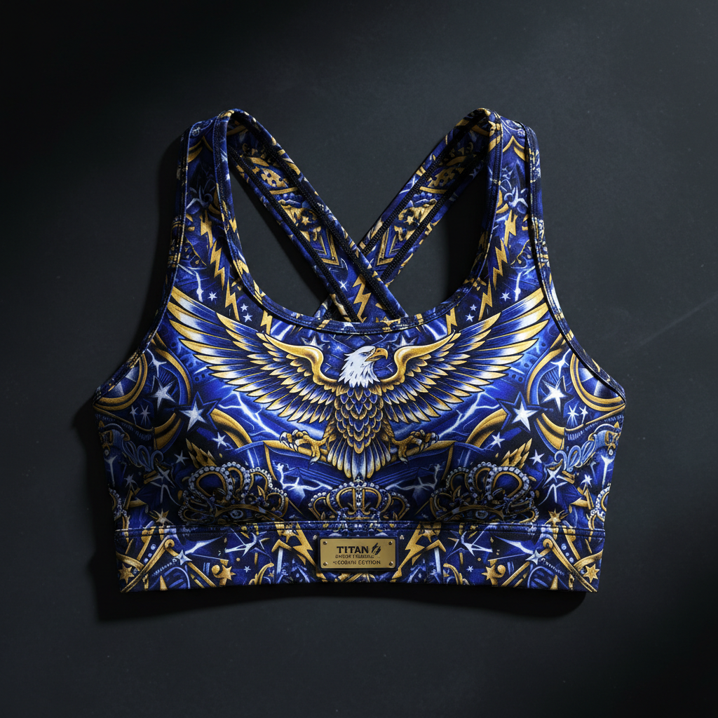 TITAN Crown Edition Storm Eagle Sports Bra — Sapphire & Gold tattoo artwork