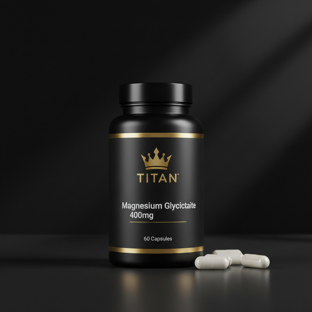TITAN Magnesium Glycinate Capsules — Matte black bottle with gold crown logo and capsules