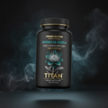 TITAN Rhodiola Rosea supplement bottle with Crown Edition matte black and gold packaging featuring a minimalist arctic teal design with a photorealistic Rhodiola flower