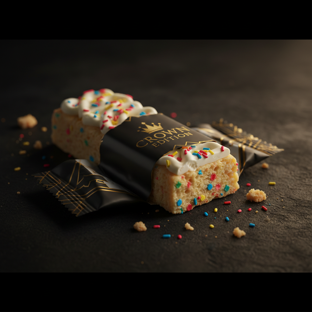 TITAN Birthday Cake Protein Bar — Crown Edition matte black packaging