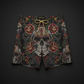 TITAN Crown Edition Men's Swim Trunks — Skull & Roses tattoo artwork on matte black fabric