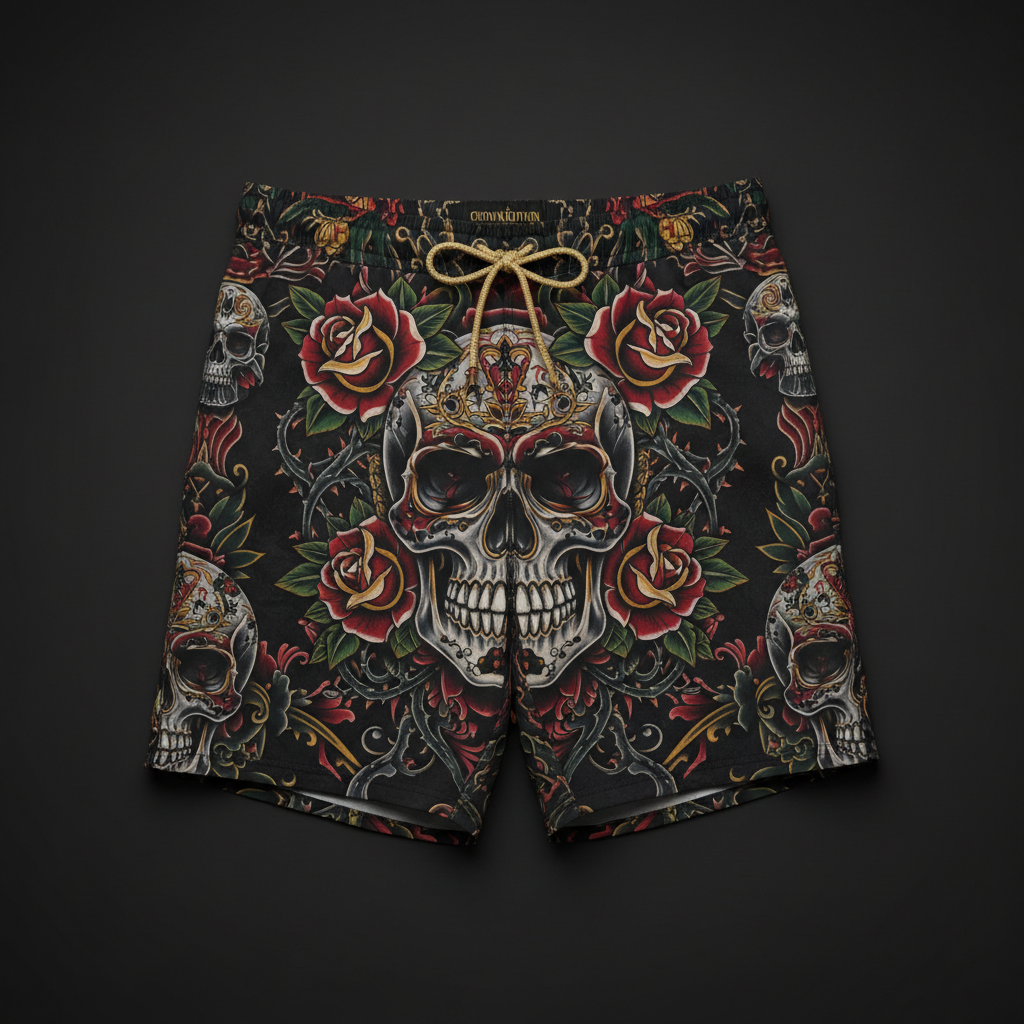 TITAN Crown Edition Men's Swim Trunks — Skull & Roses tattoo artwork on matte black fabric