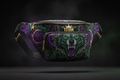 TITAN Printed Fanny Pack — Wolf and crescent moon tattoo-style artwork in electric purple and emerald green with gold crown logo