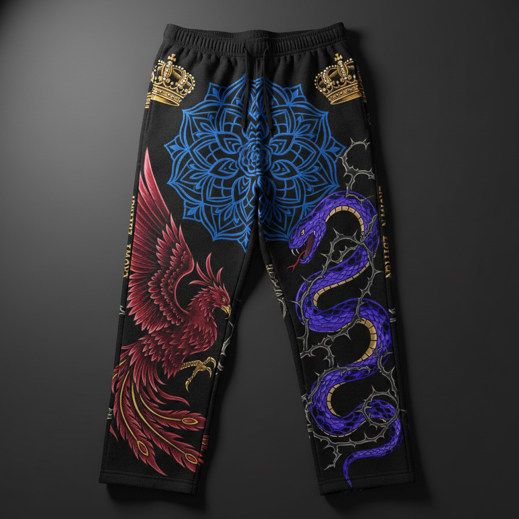 TITAN Crown Edition Tattoo Art Men's Lounge Sweatpants - bold phoenix mandala tattoo artwork on matte black fleece